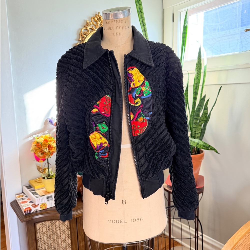 Vintage Handmade INSANE Trisha‎ DeHall Black Textured Bomber Jacket Quilted - M
